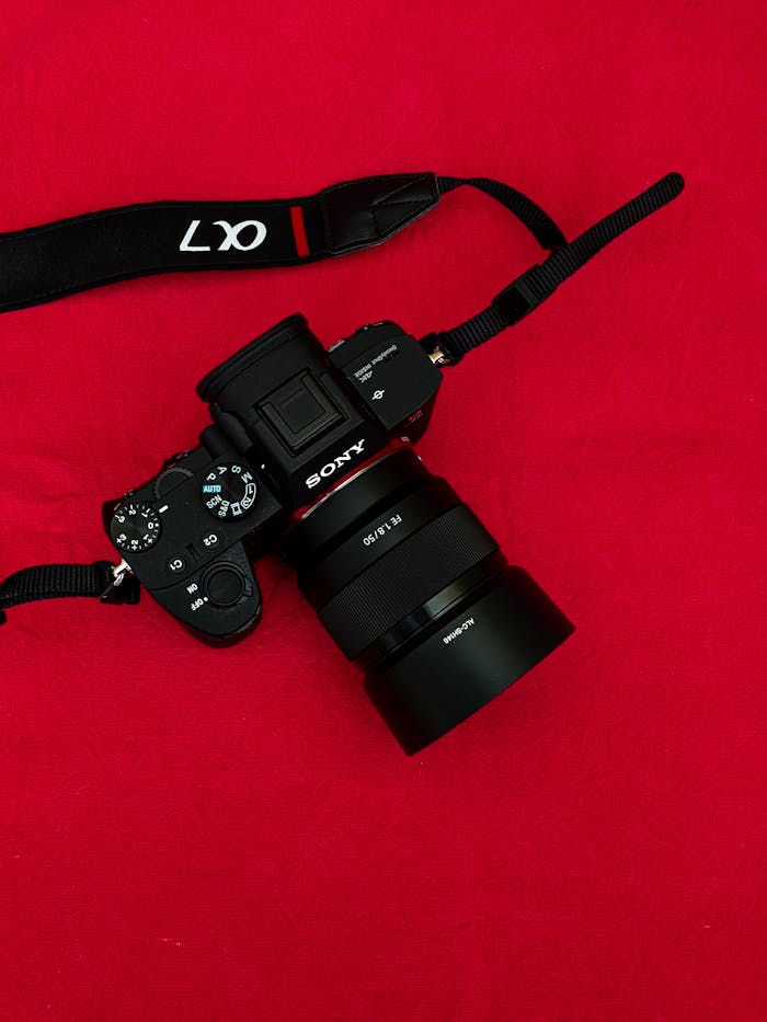 Mastering the First Impression: Your intriguing post title goes here Top view of a DSLR camera against a bold red backdrop, showcasing professional photography equipment.